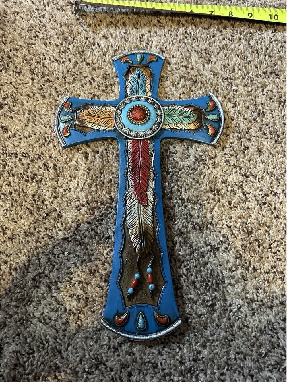 southwest native indian Hand Painted Cross 12x8 Turquoise Feather Design